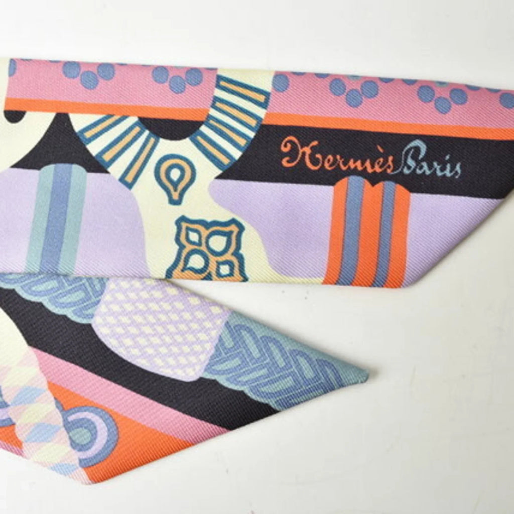 Pre-Owned Hermes Twilly Scarf Muffler HERMES Silk Twill Light Purple Orange Blue (Good)