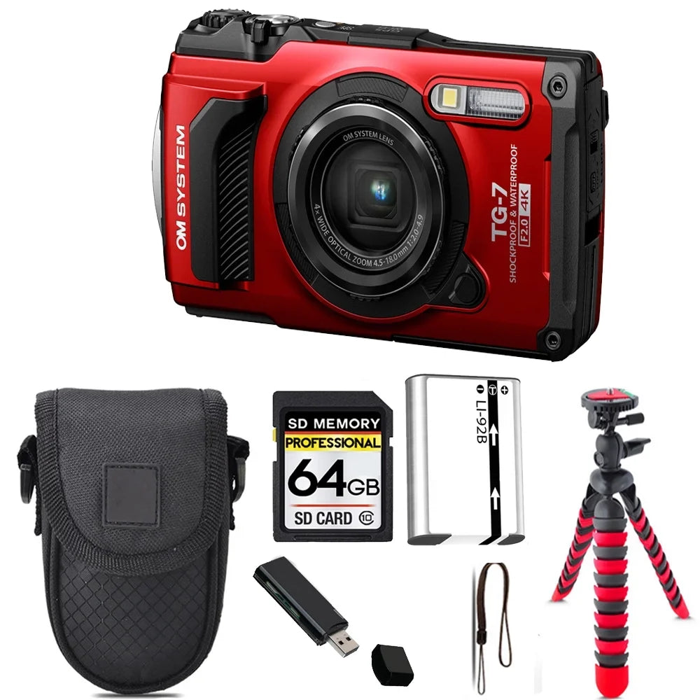 Olympus OM SYSTEM Tough TG-7 Digital Camera (Red) + Tripod + Case - 64GB Kit