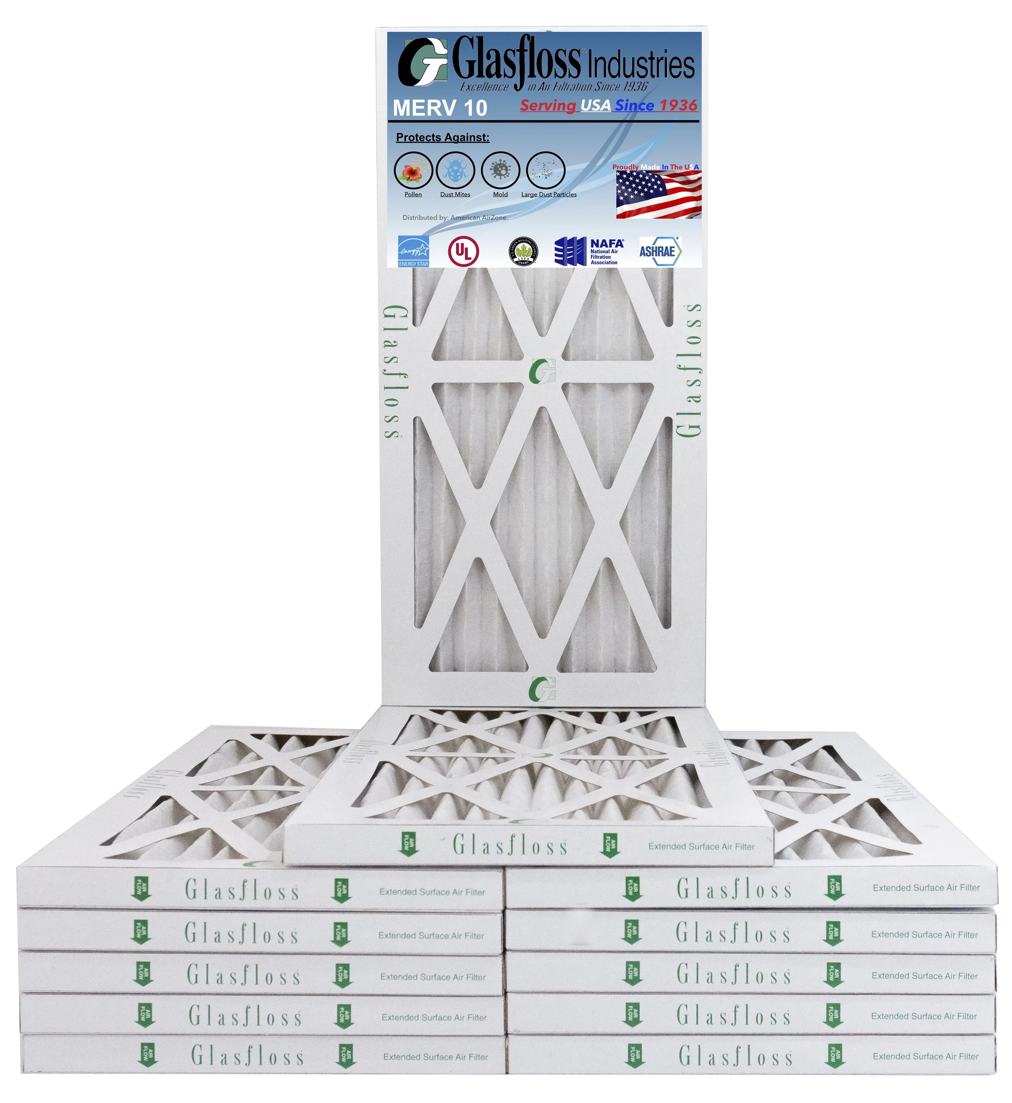 Glasfloss 12x26x1 - MERV 10 -Qty:12 - Furnace Air Filter - Made in USA (Actual Size: 11.5 x 25.5x7/8 inch)