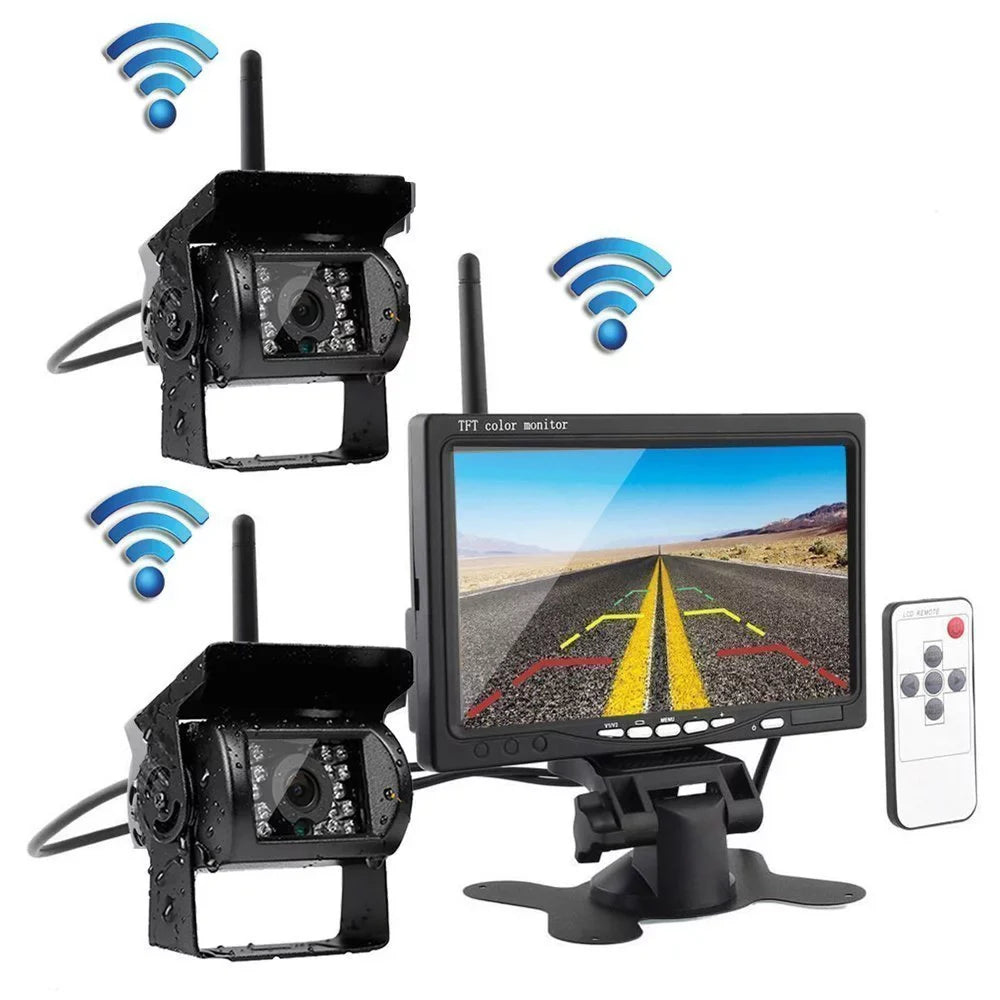 7" with Monitor Wireless Dual Backup Cameras Parking Assistance Night Vision Waterproof Rear View Camera for RV Truck Trailer Bus