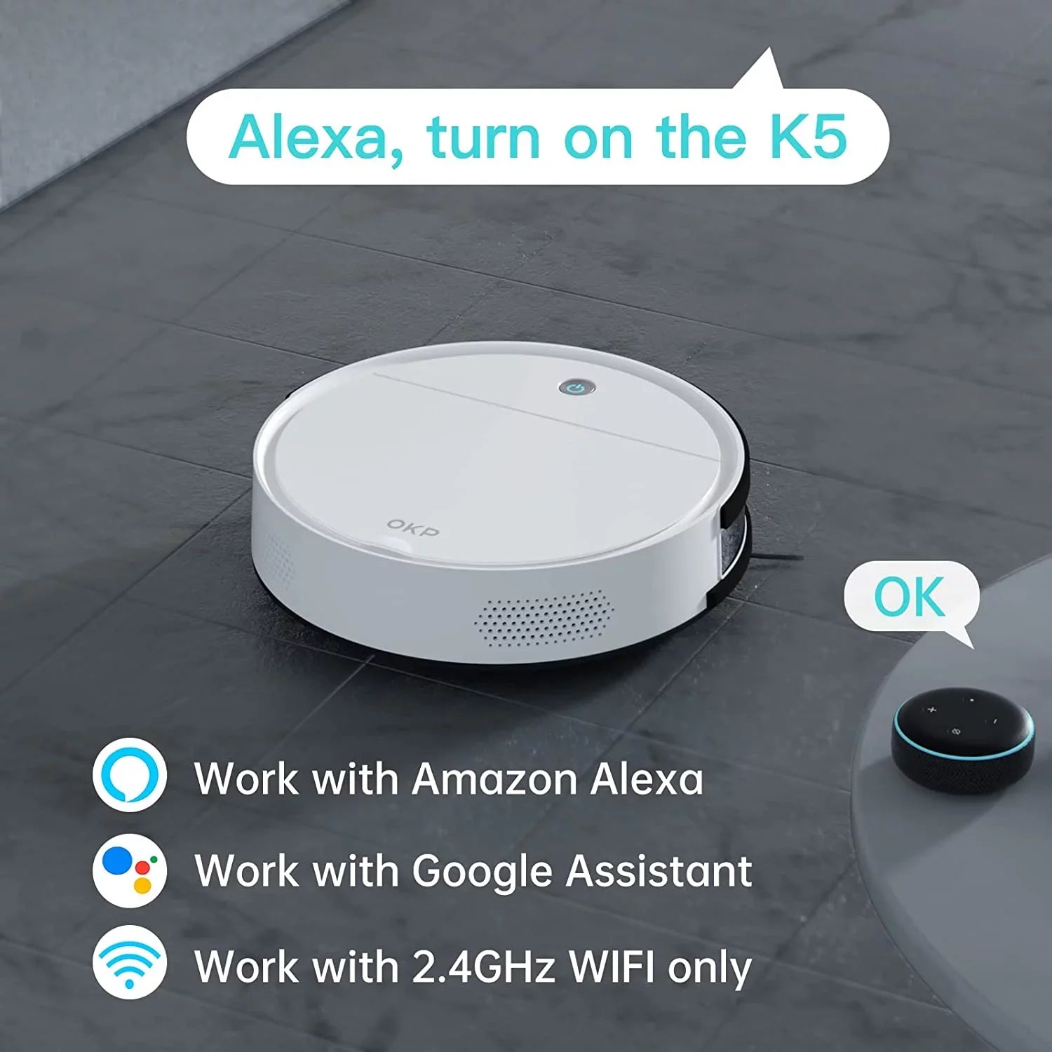 FJU Robot Vacuum Cleaner, 2500pa Strong Suction, Work with /APP, 120Mins Runtime, Quiet and Small Robotic Vacuum for Pet Hair, Low Pile Carpet, Hard Floor