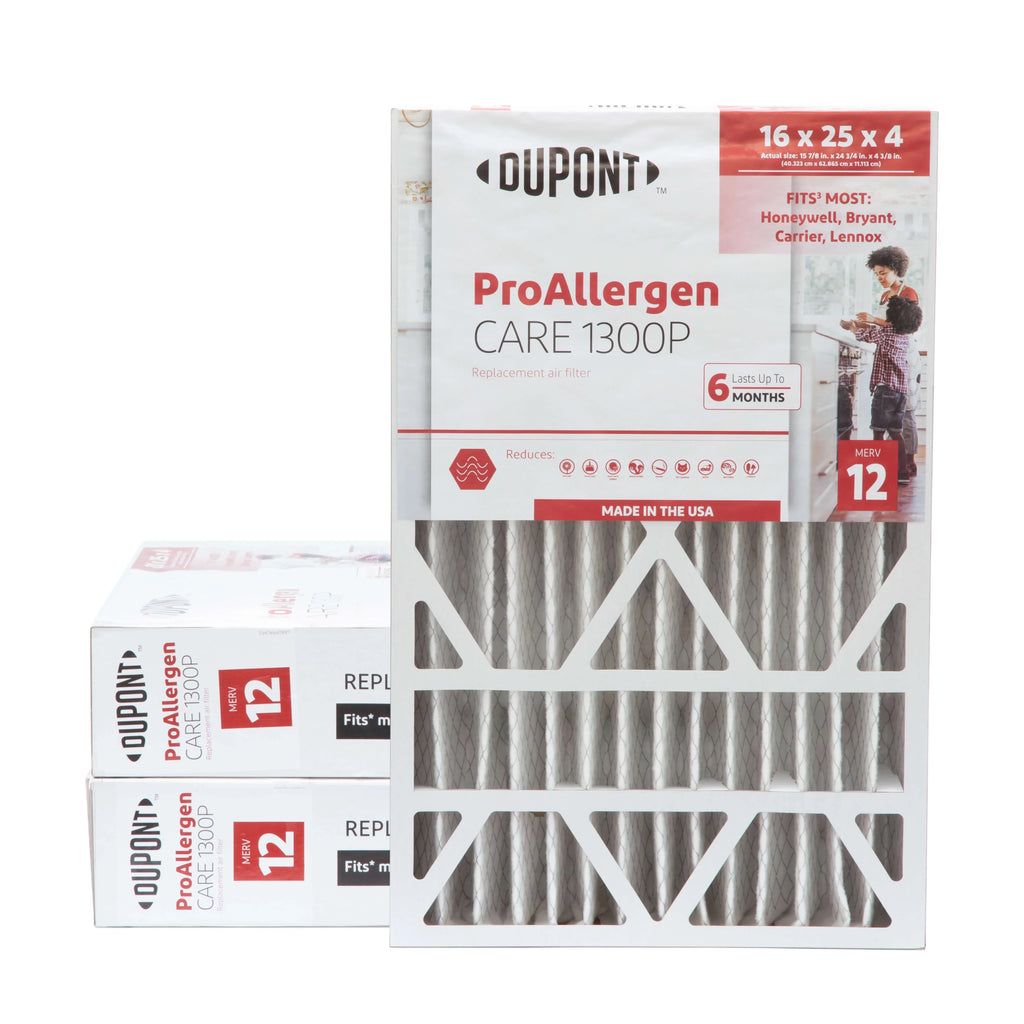 16x25x4 DuPont MERV 12 Pro Allergen Air Filters. Case of 3. Exact Size: 15-7/8 x 24-3/4 x 4-3/8. Fits most 4-3/8 Depth Honeywell, Bryant, Carrier & Lennox Filters.