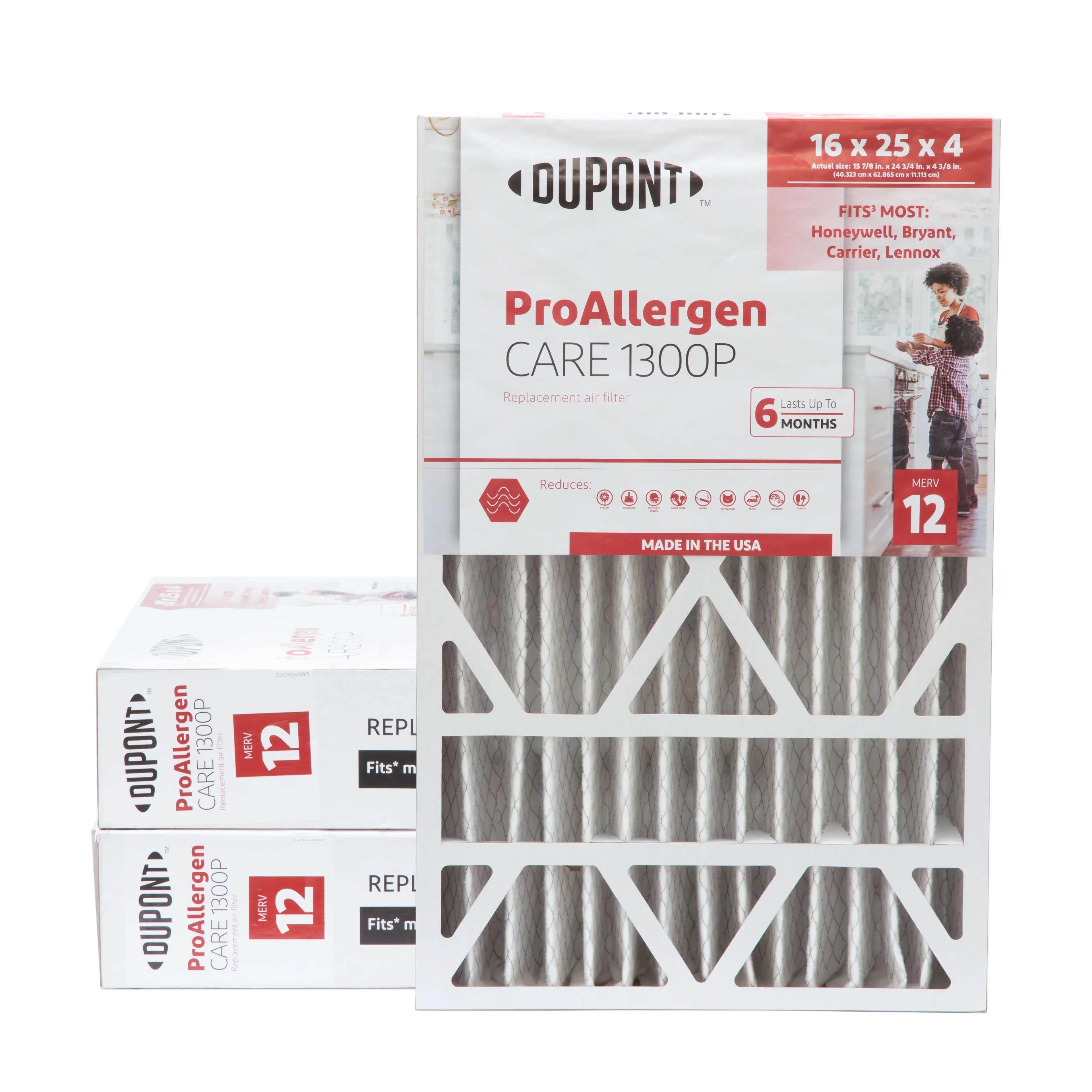 16x25x4 DuPont MERV 12 Pro Allergen Air Filters. Case of 3. Exact Size: 15-7/8 x 24-3/4 x 4-3/8. Fits most 4-3/8 Depth Honeywell, Bryant, Carrier & Lennox Filters.