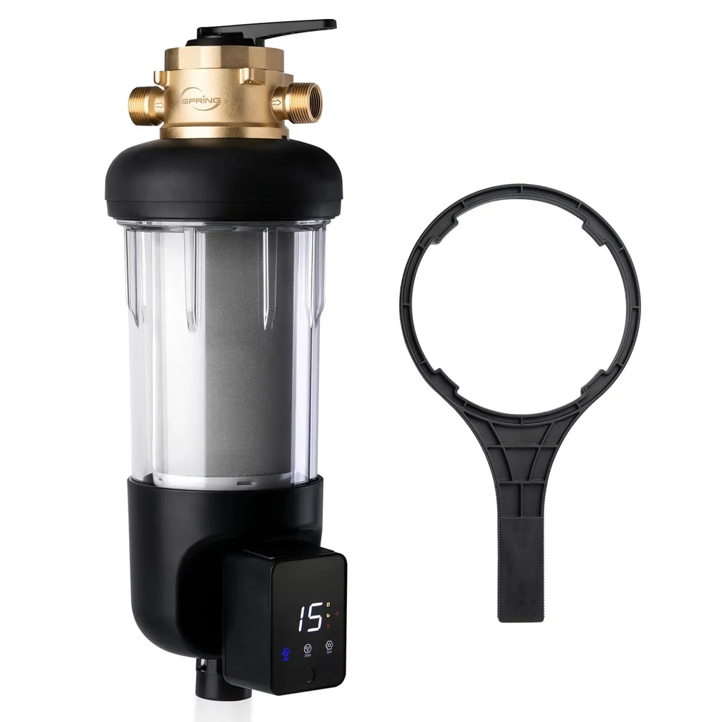 iSpring WSP500ARJ-BP Whole House Prefilter, Spin-Down Sediment Water Filter with Bypass, Upgraded Clear Housing, Jumbo Size, Flushable and Reusable, Touch-Screen Auto Flushing, 4 Modes, 500 Microns