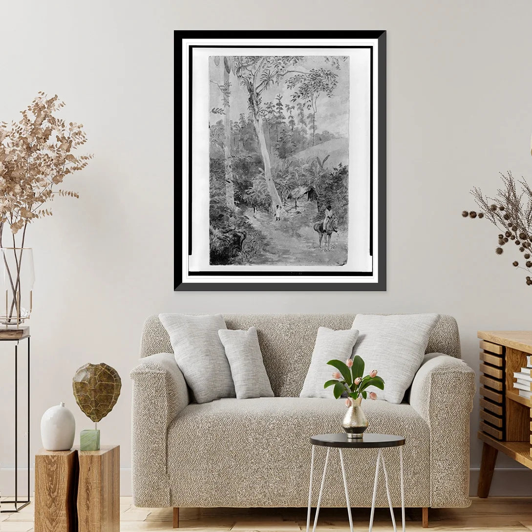 Historic Framed Print, Plantain Walk - Bookkeeper - Watchman and Hut - man with casks of Top-notch in stirrup, 17-7/8" x 21-7/8"