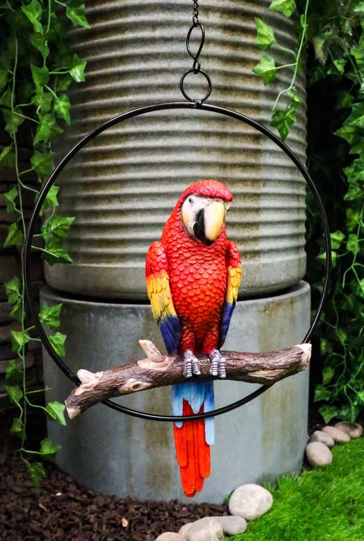 Ebros Hanging Scarlet Macaw Parrot Perching on Branch in Metal Round Ring 13.5"H