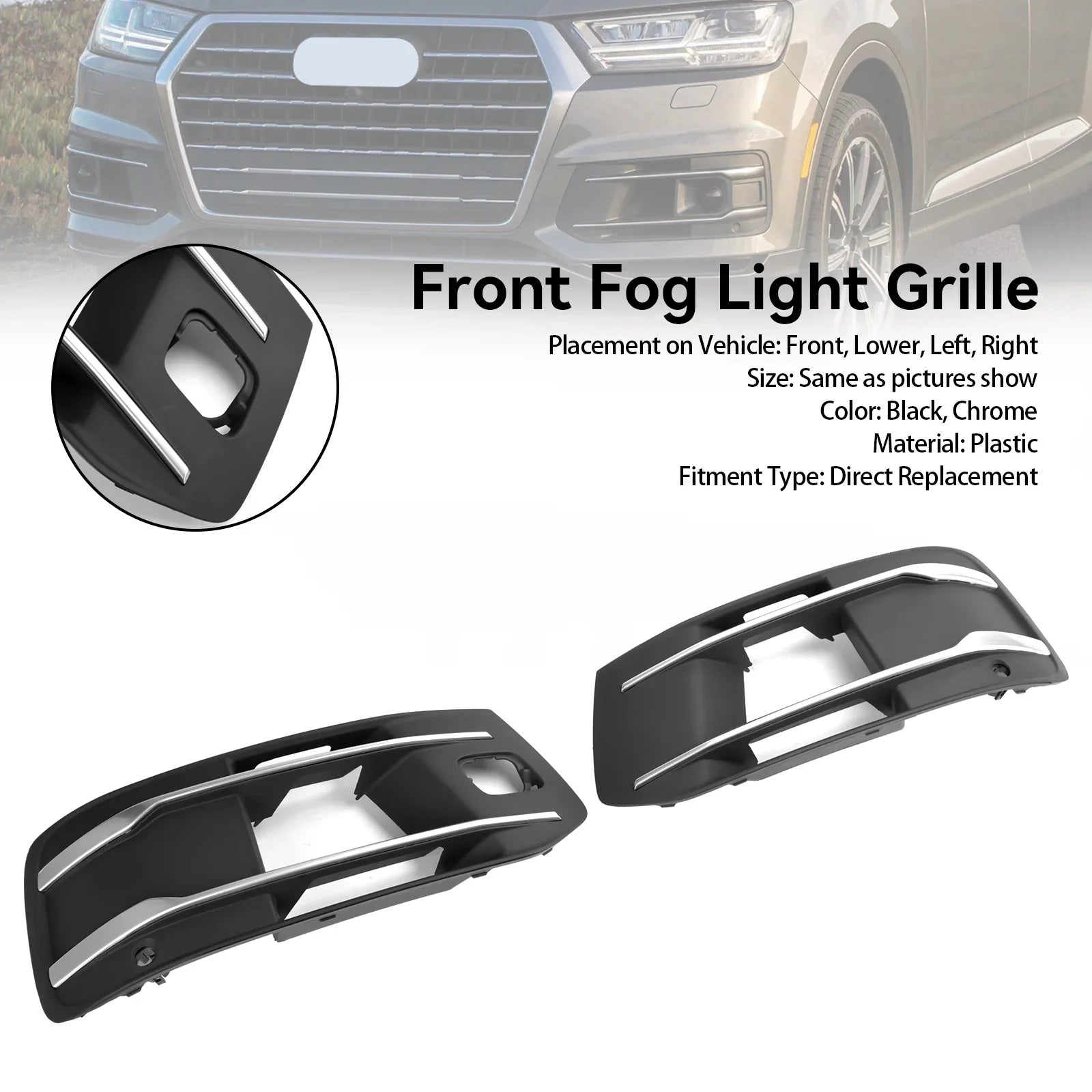 Front Bumper Shield Fog Light Grille Bezel Insert Grill Fit for Audi Q7 2016-2019