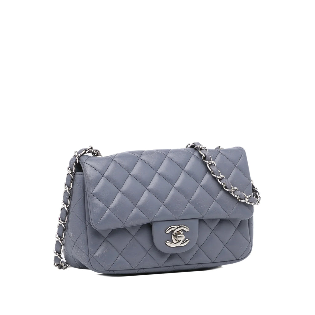 Pre-Owned Authenticated Chanel Mini Classic Lambskin Rectangular Single Flap Leather Gray Crossbody Bag Unisex (Fair)
