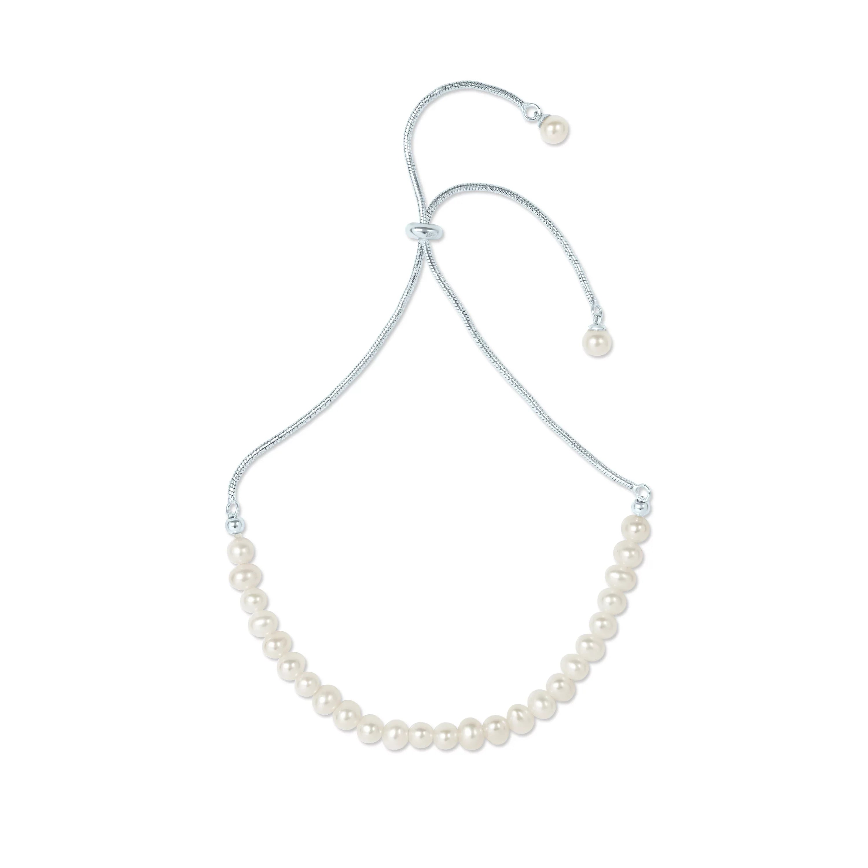 Gemistry White Cultured Freshwater Pearl Adjustable Slider Bracelet in 925 Sterling Silver for Women