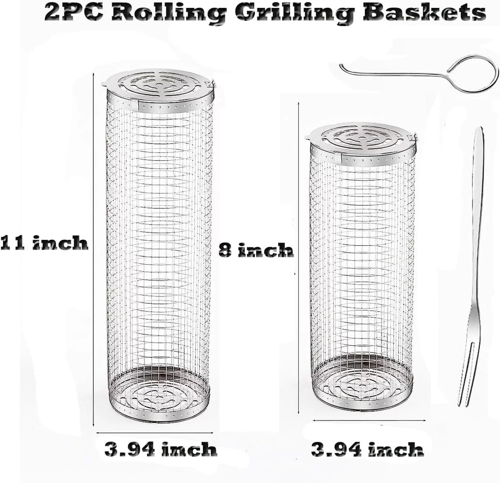 2PC Rolling Grilling Basket，Round Barbecue BBQ Grilling Basket ，Portable Outdoor Camping BBQ Rack for Fish, Shrimp, Vegetables, Barbeque Griller Cooking Accessories