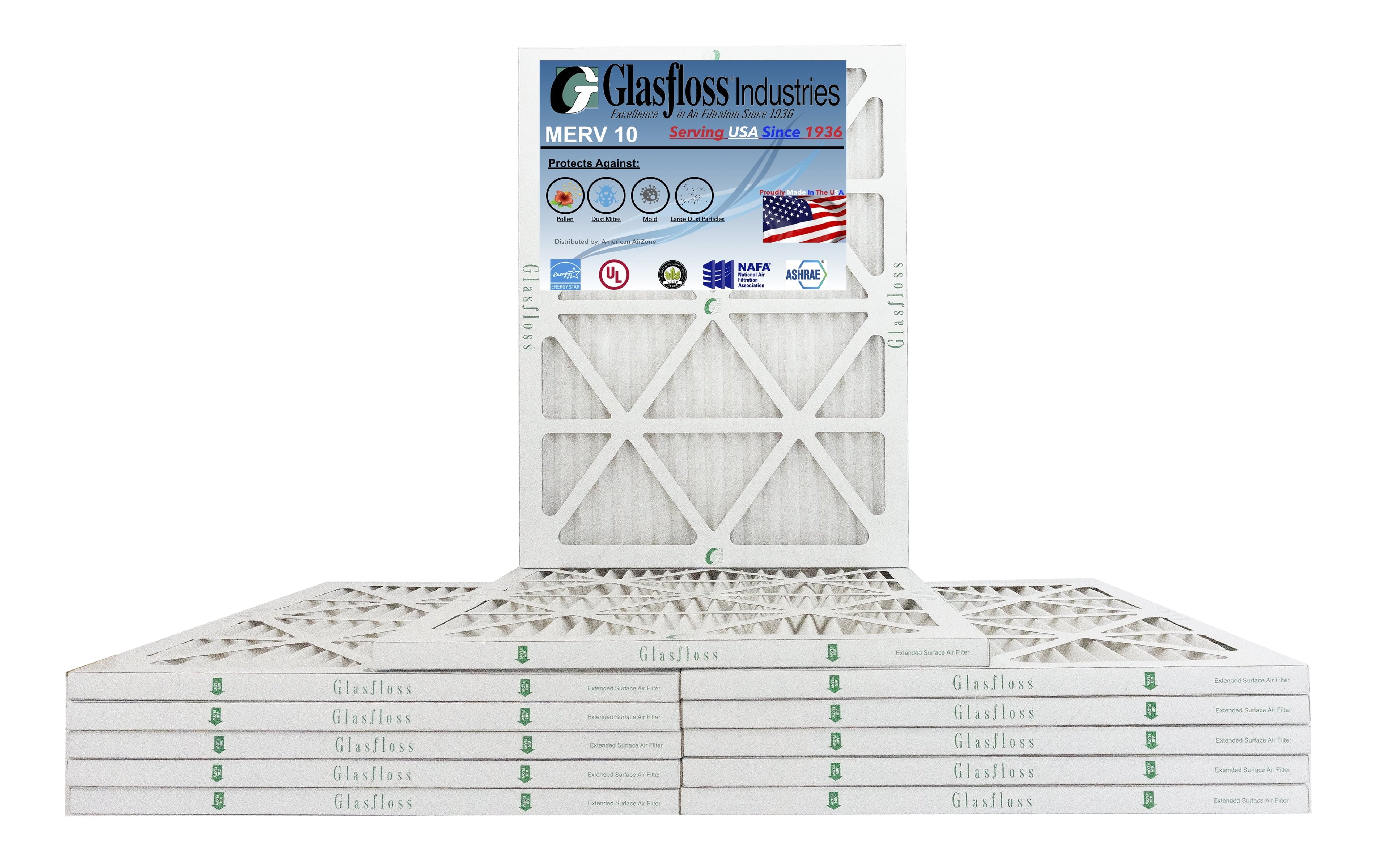 Glasfloss 18x25x1 - MERV 10 -Qty:12 - Furnace Air Filter - Made in USA (Actual Size: 17.5 x 24.5x7/8 inch)
