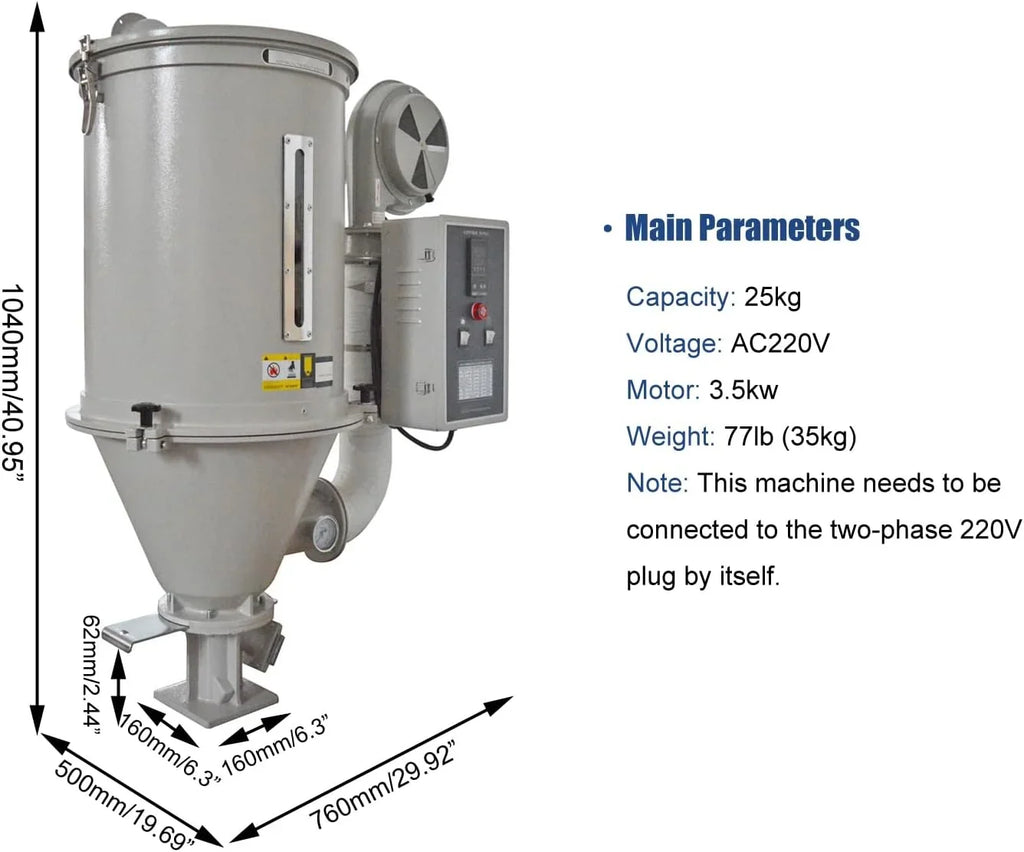 EQCOTWEA Plastic Dryer Plastic Dehumidifier Hopper Type 55lbs Capacity for PP PE ABS PVC 220V 25KG