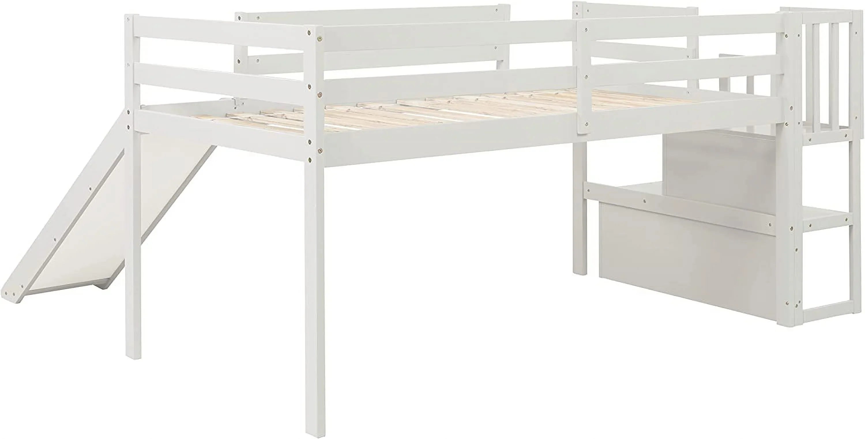 NLTBONNIE Harper &amp; Bright Designs Low Loft Bed with Slide and Wood Twin Size Loft Bed Frame with Stairs Safety Rail for Toddlers Teens No Box Spring Needed (White)