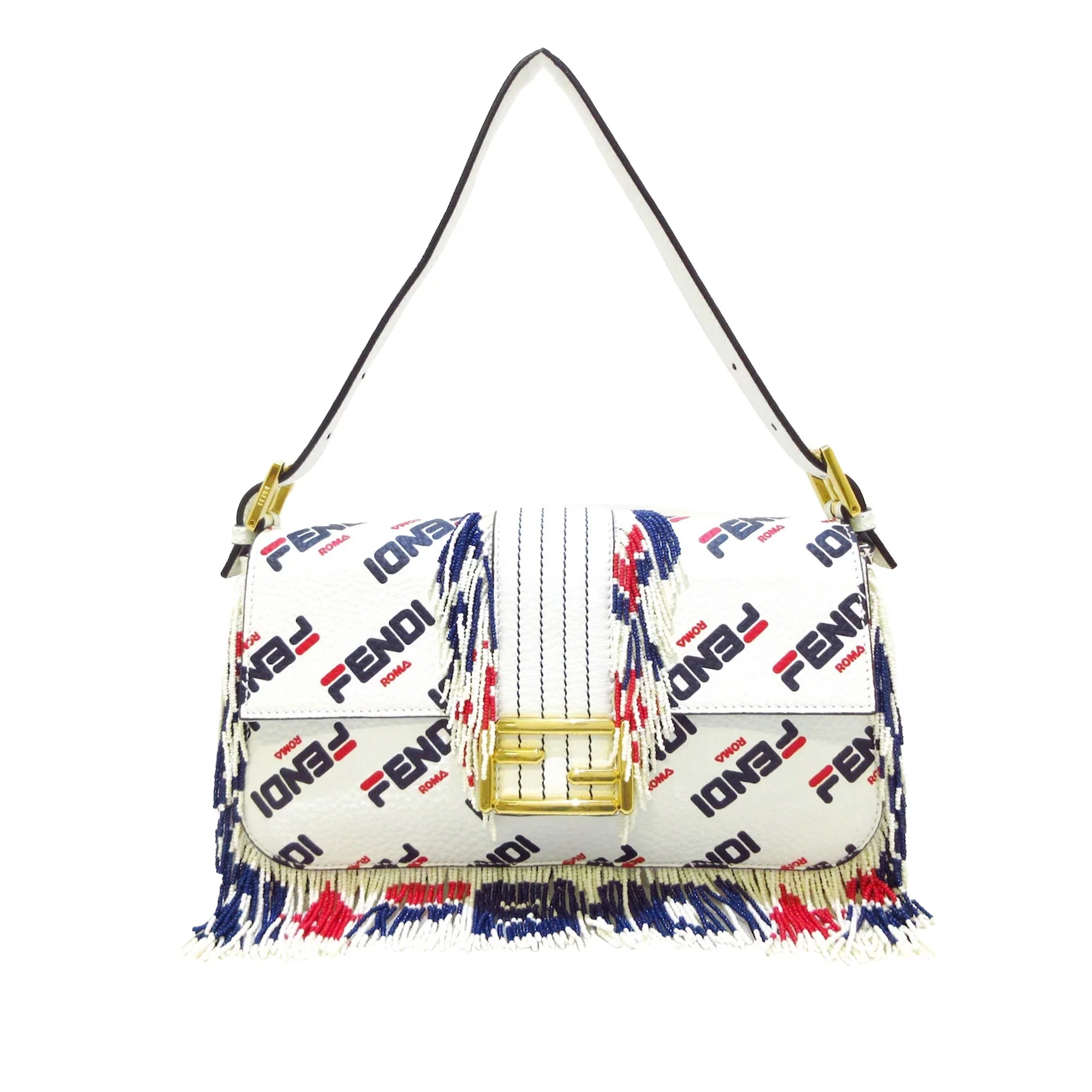 Pre-Owned Authenticated Fendi Fila Mania Beaded Baguette Calf Leather White Shoulder Bag Unisex (Good)