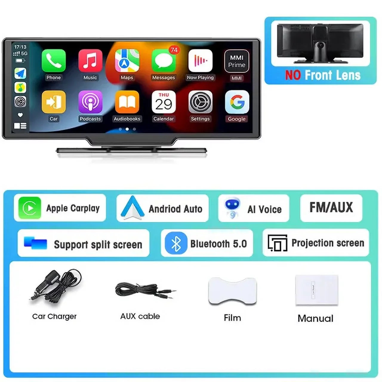 Masslatie 10.26 Inch Dash Cam Carplay & Android Auto DVR GPS Navigation Video Dashboard Mirror Monitor Car DVRS,No Front camera