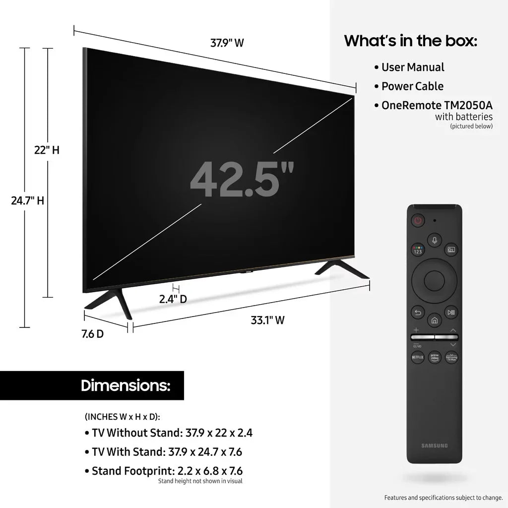 SAMSUNG 43" Class 4K Crystal UHD (2160P) LED Smart TV with HDR UN43TU8000 2020