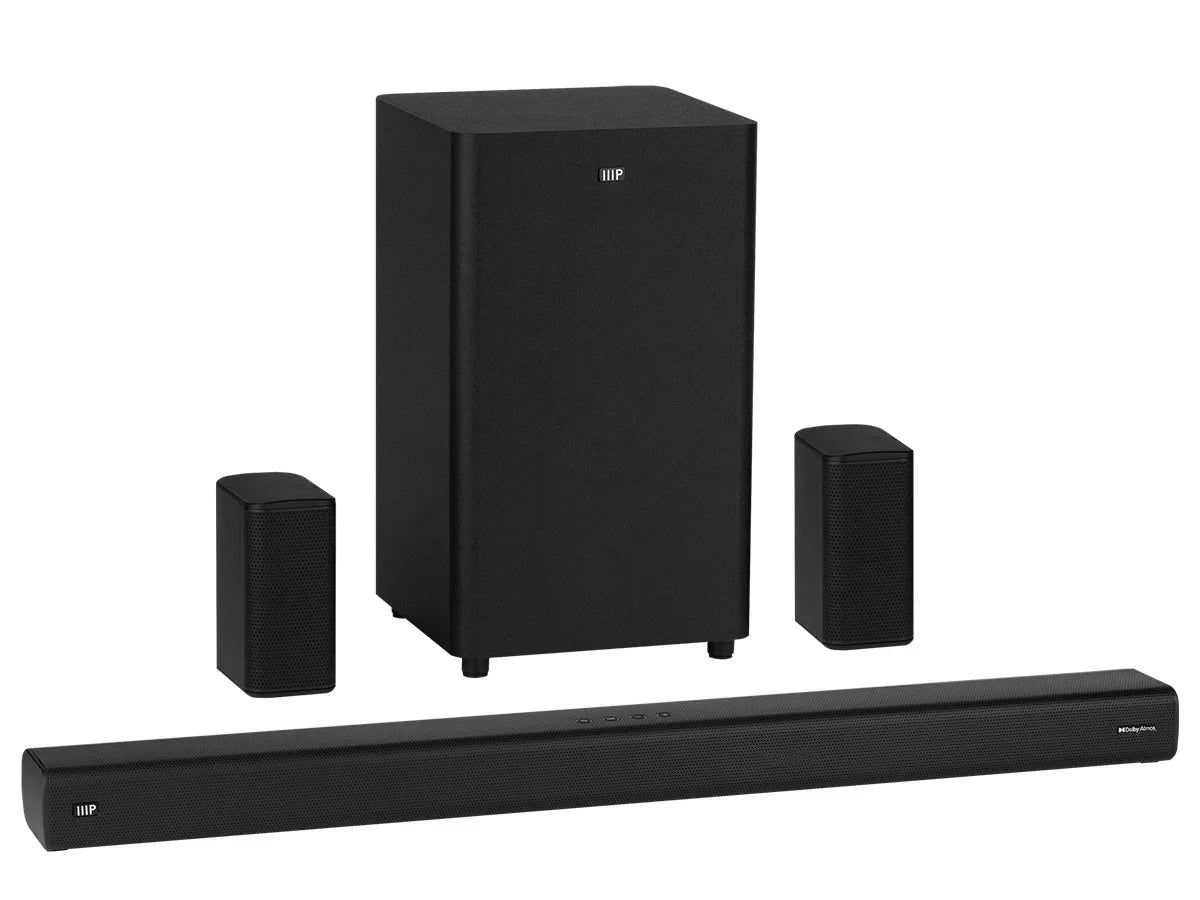 Monoprice SB-600 Dolby Atmos 5.1.2 Soundbar with Wireless Subwoofer & Wireless Satellite Speakers, HDMI Inputs, eArc, Bluetooth, Toslink, Coax, Remote