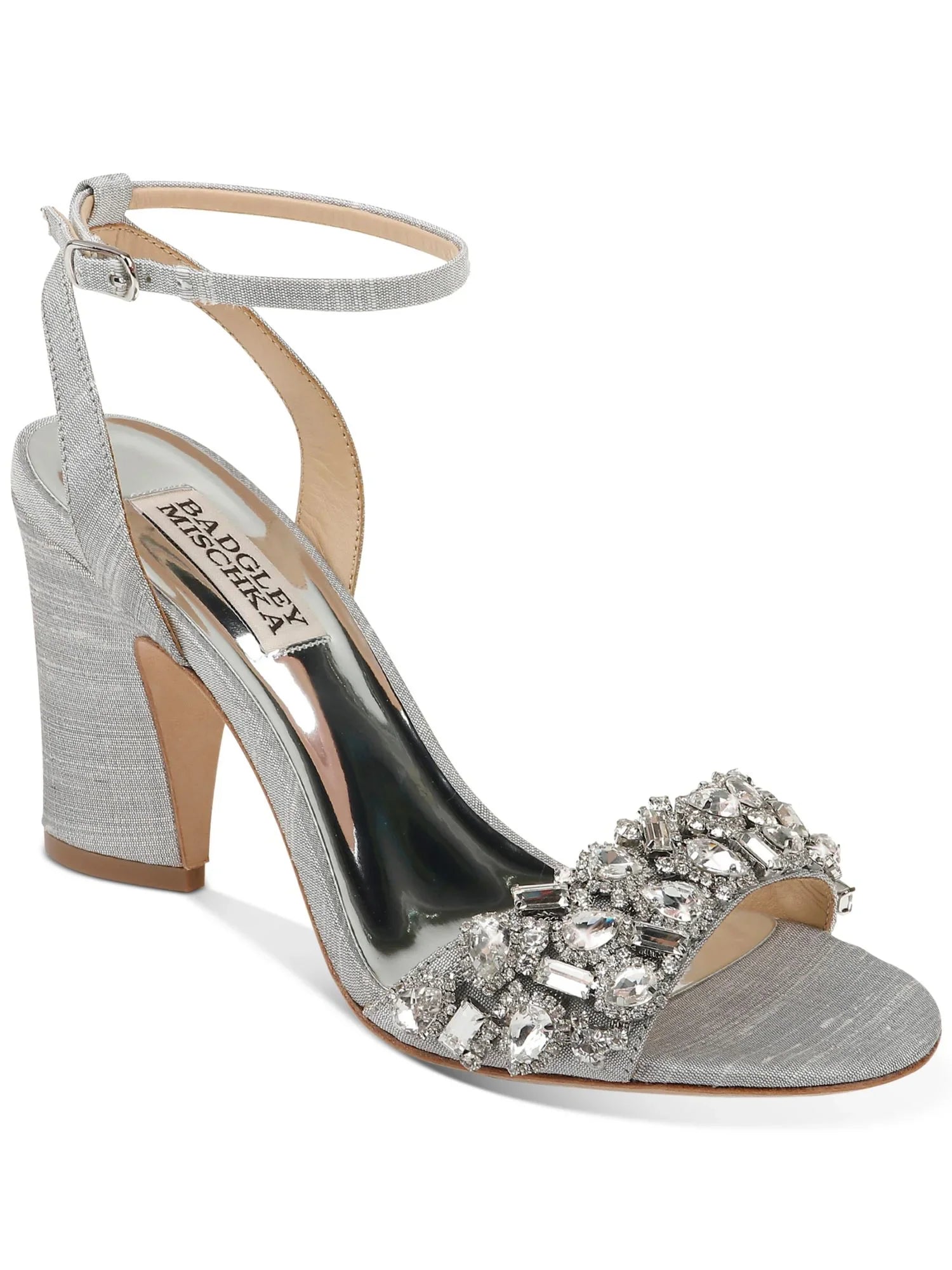 BADGLEY MISCHKA Womens Silver Toe Strap Metallic Rhinestone Round Toe Block Heel Latch Dress Sandals Shoes 7