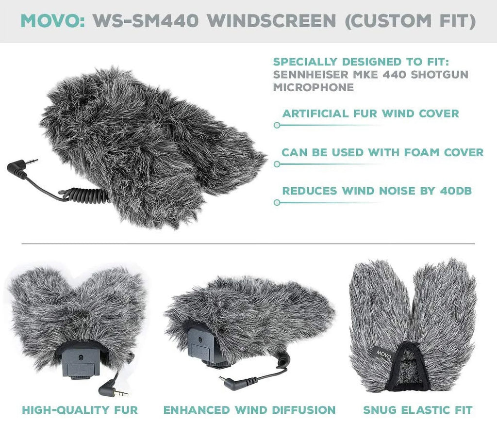 Movo WS-SM440 Furry Outdoor Microphone Windscreen Muff Custom Fit for Sennheiser MKE 440 Compact Stereo Shotgun Microphone