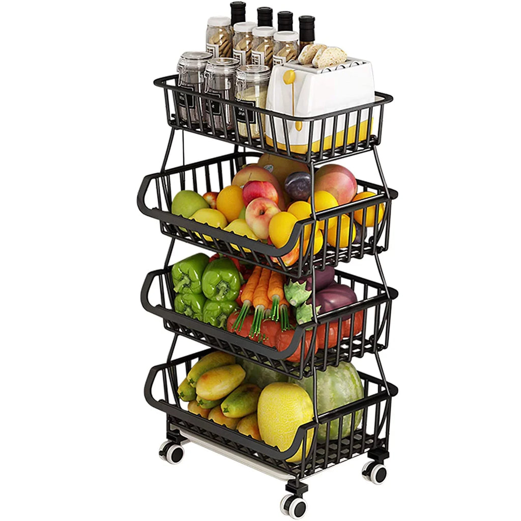 LEZZYRUCK 4-Tier Stackable Fruit Basket Vegetable Storage Basket Car for Pantry,Bathroom, Garage Black
