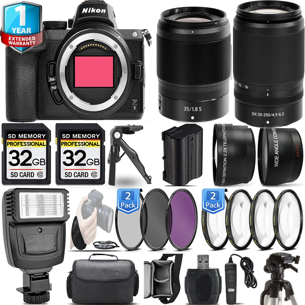 Nikon Z5 Mirrorless Camera with 50-250mm f/4.5-6.3 VR Lens + 35mm f/1.8 S Lens + 4 PC Macro Set + 3 PC Filter Set + 64GB + Flash + Handbag
