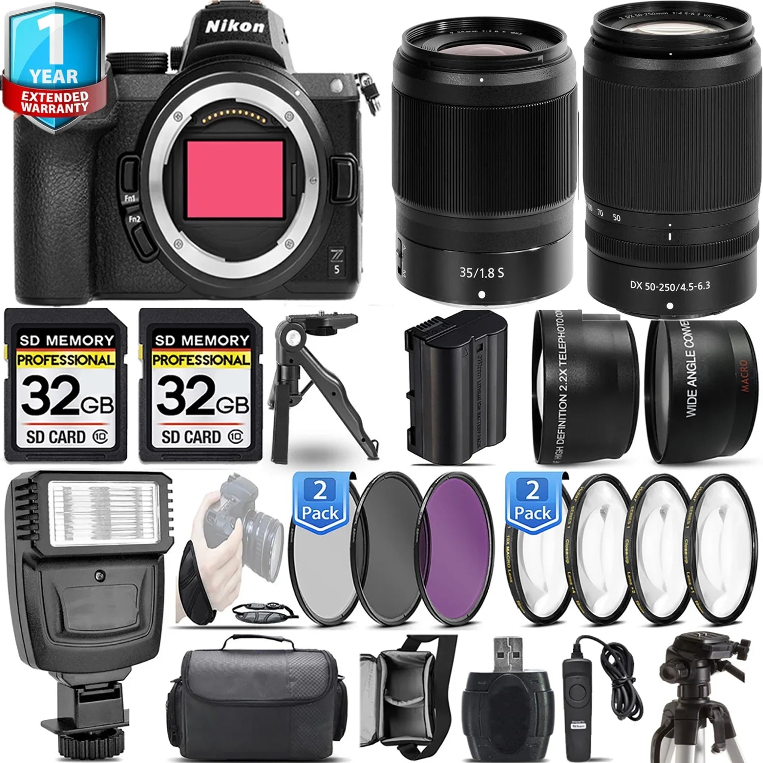 Nikon Z5 Mirrorless Camera with 50-250mm f/4.5-6.3 VR Lens + 35mm f/1.8 S Lens + 4 PC Macro Set + 3 PC Filter Set + 64GB + Flash + Handbag