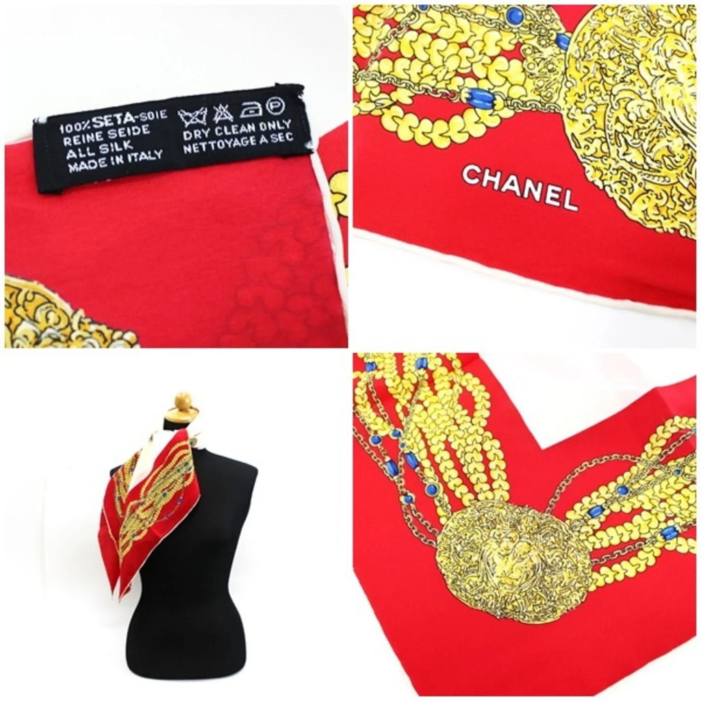 Pre-Owned Chanel Silk Scarf Muffler Chain Pattern Red x Ivory CHANEL | Ladies (Good)