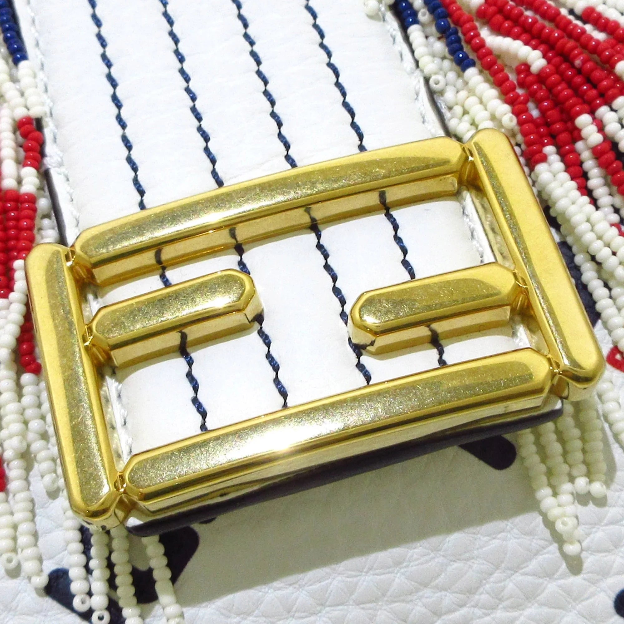 Pre-Owned Authenticated Fendi Fila Mania Beaded Baguette Calf Leather White Shoulder Bag Unisex (Good)