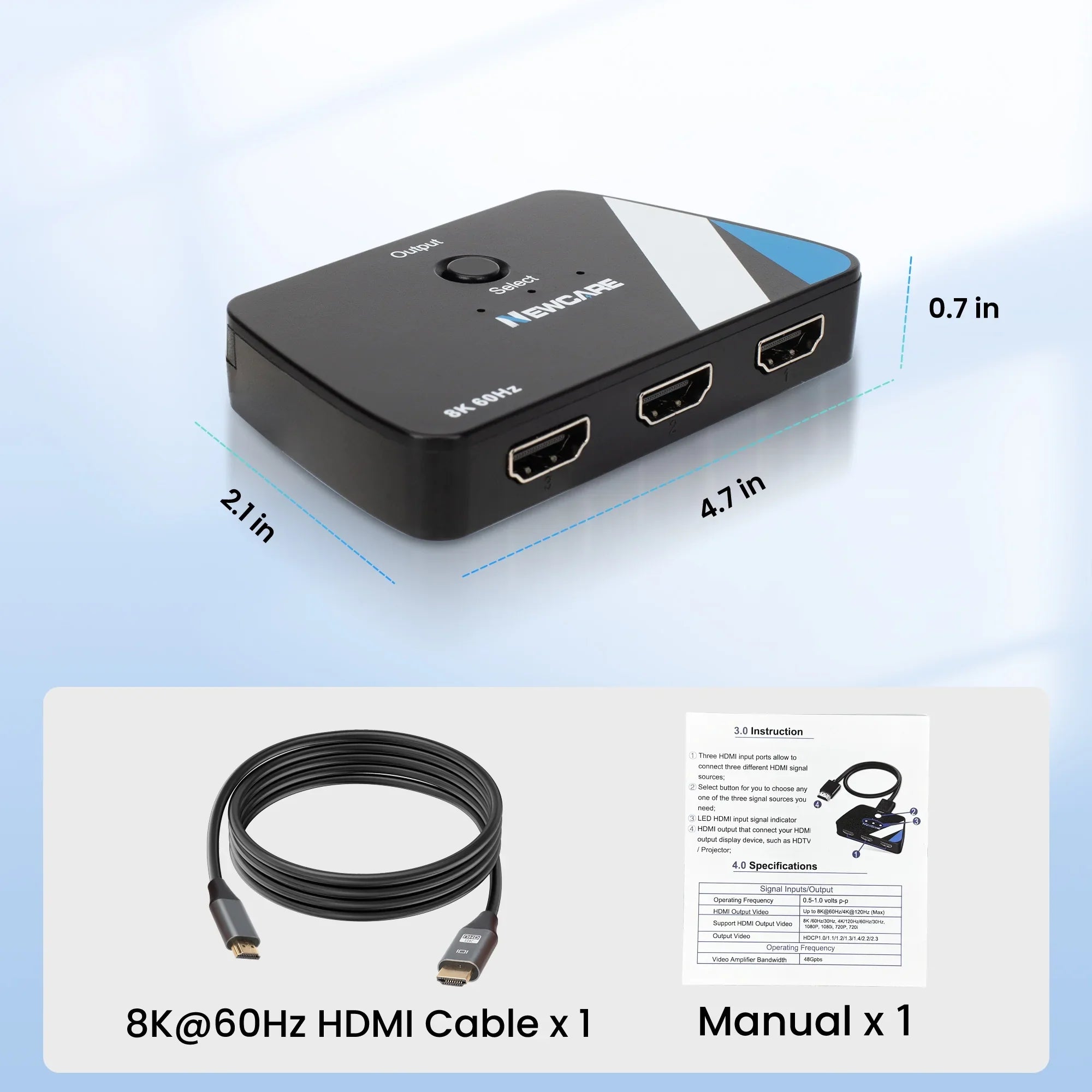 NEWCARE 8K@60Hz HDMI 2.1 Switch 3 in 1 Out, 4K@120Hz HDMI Splitter Switch Box with 2.6 ft HDMI 2.1 Cable, 3 Port HDMI Switcher Selector Supports HDR Dolby Atmos 3D for NS PS4/PS5 Xbox Roku Fire Stick