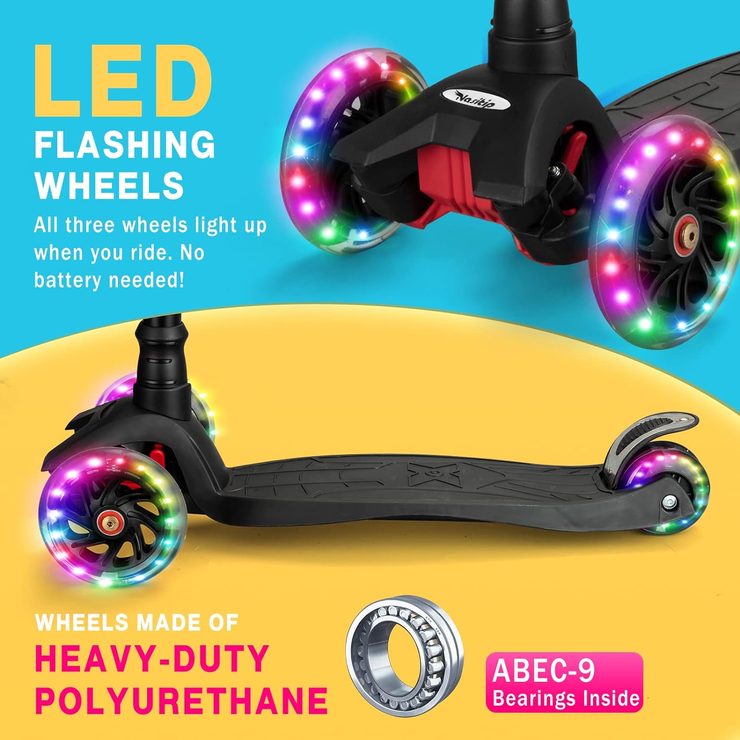 Kick Scooter Collapsible Portable Kids Push Scooter with 4 Adjustable Height, AEBC-9 Bearing, 3 Light Up Wheels for Boys Girls Toddlers from 3 to 12 Years Old(Black)