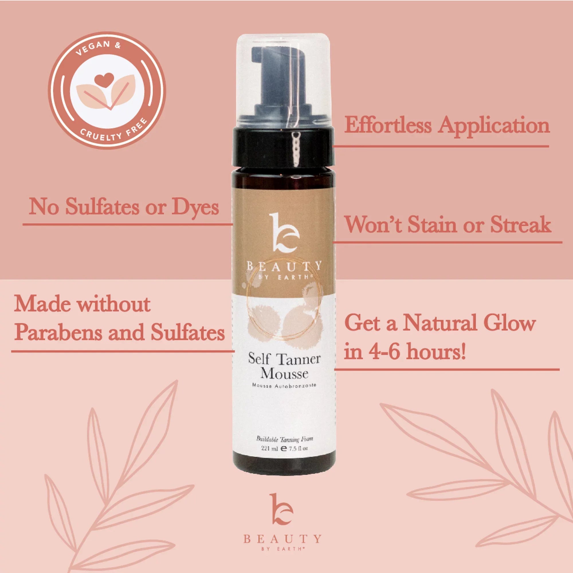 Beauty by Earth Self Tanner Mousse - With Organic Botanical & Hyaluronic Acid, Gradual Tanning Foam Self Tanning Mousse for a Bronzer Self Tan, Dye Free, Vegan & USA Made (7.5 oz, Medium to Dark)