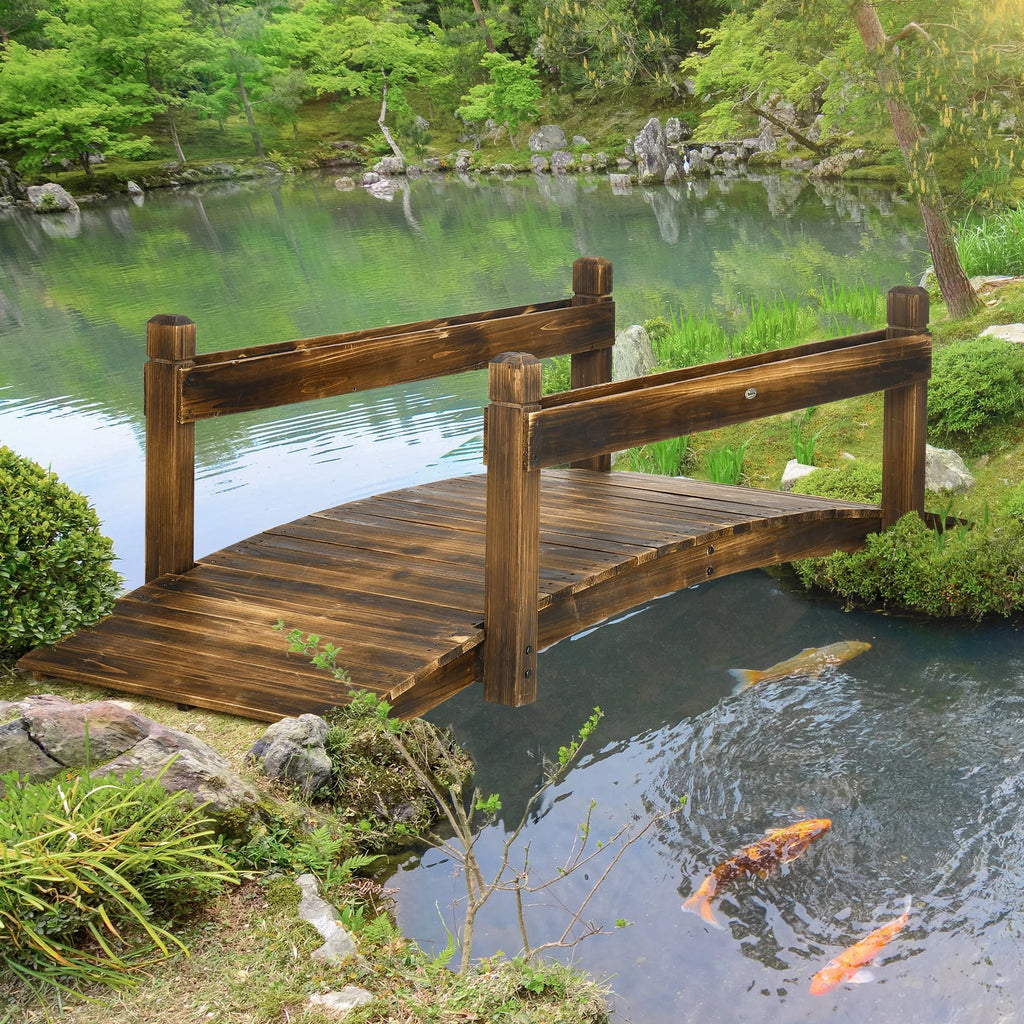 Outsunny Wooden Garden Bridge with Planters, Stained Finish Arc Footbridge