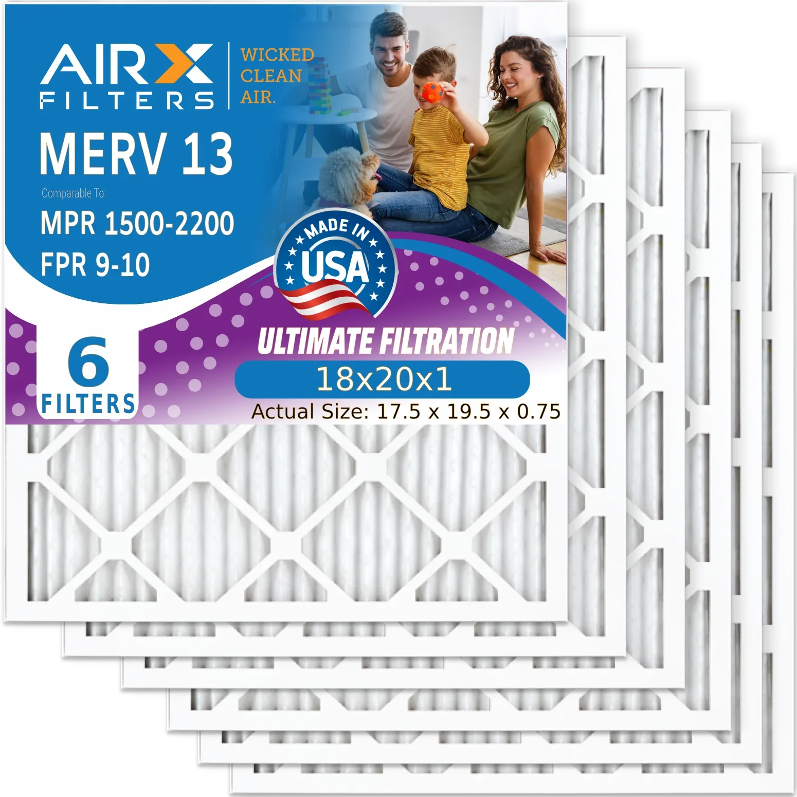 18x20x1 Air Filter MERV 13 Comparable to MPR 1500 - 2200 & FPR 9 Electrostatic Pleated Air Conditioner Filter 6 Pack HVAC AC Premium USA Made 18x20x1 Furnace Filters by AIRX FILTERS WICKED CLEAN AIR.