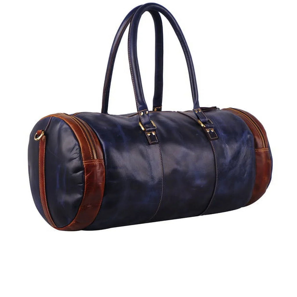MaheTri Leather Blue Duffel Bag 22" Travel Bag for Gym Sports Weekender Bag