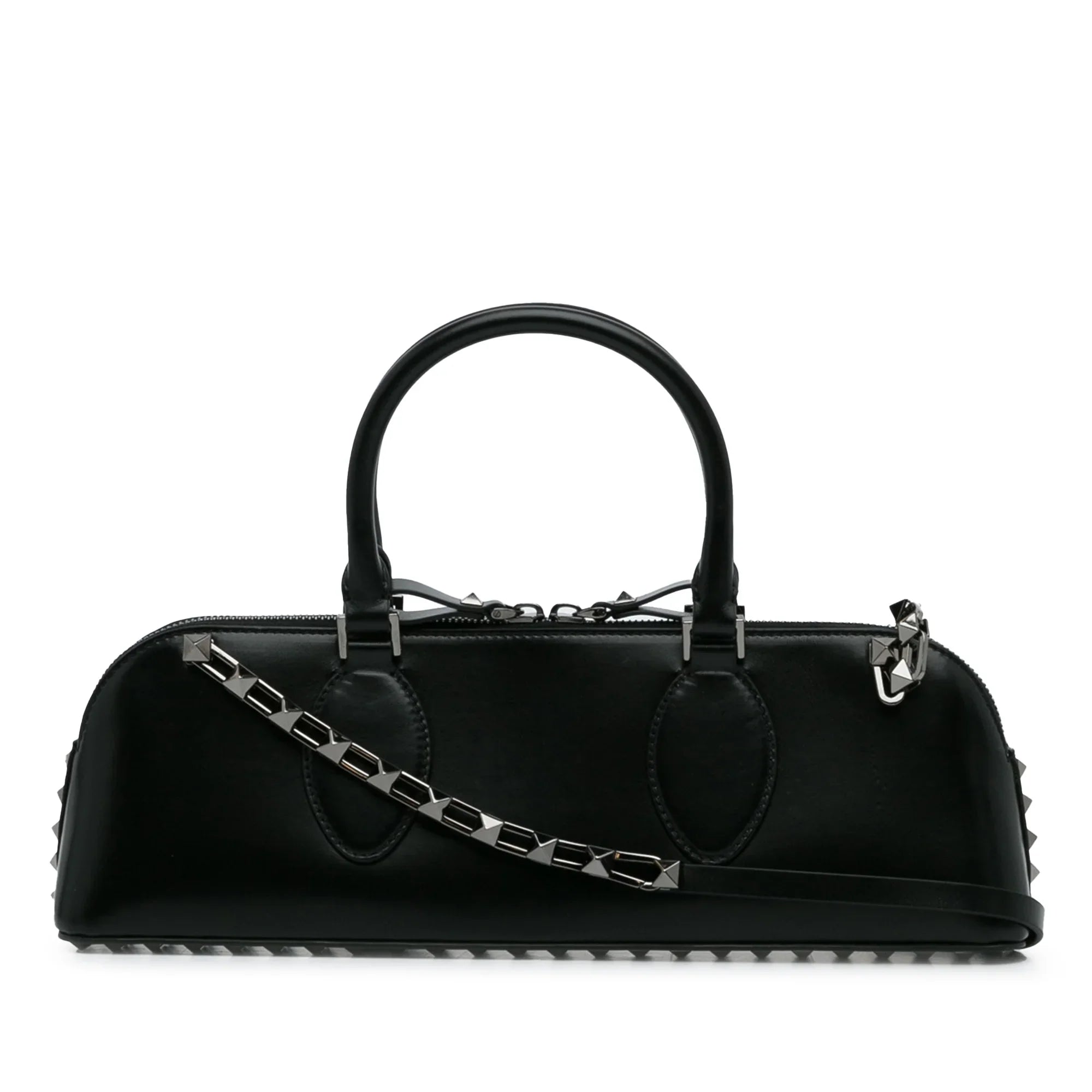 Pre-Owned Authenticated Valentino Rockstud East West Satchel Calf Leather Black Unisex (Good)