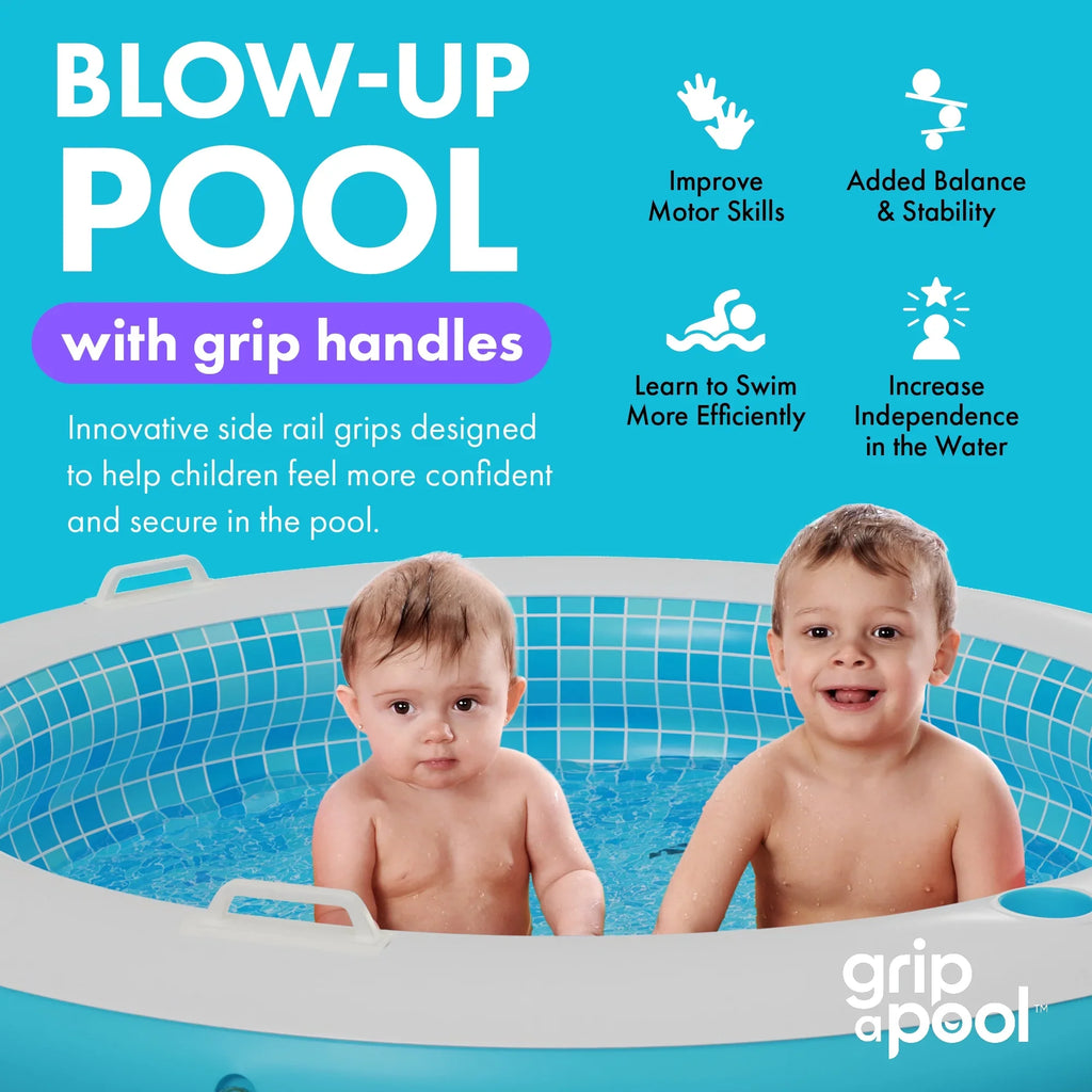 Inflatable Round Kid Swimming Pool with Grip Handle Bars and Blow Up Padded Floor with Drain - 60"x22" Round Large Kiddie Pool Perfect for Adults and Kids Ages 4 5 6 7 8+