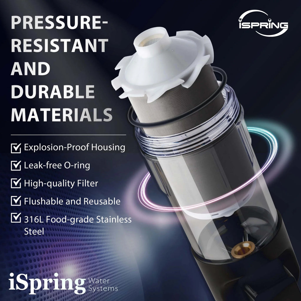 iSpring WSP500ARJ-BP Whole House Prefilter, Spin-Down Sediment Water Filter with Bypass, Upgraded Clear Housing, Jumbo Size, Flushable and Reusable, Touch-Screen Auto Flushing, 4 Modes, 500 Microns