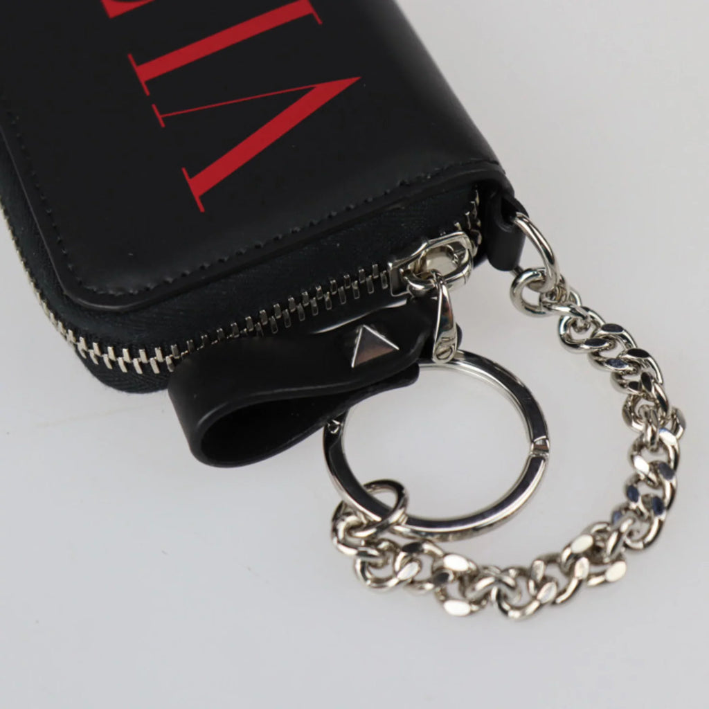 Pre-Owned Valentino Garavani coin case TY2P0P24LVN leather black red silver metal fittings round zipper purse with key ring (Like New)