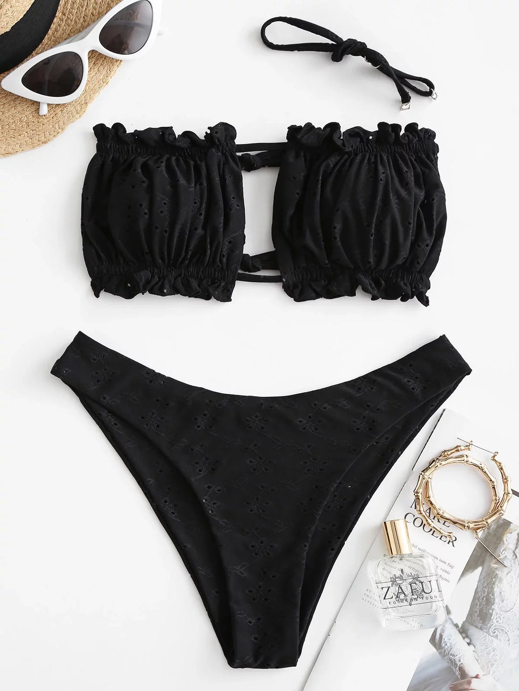ZAFUL Womens High Cut Bandeau Bikini Sexy Cutout Ribbed Swimsuit 2 Piece Ruffle Tie Bathing Suits