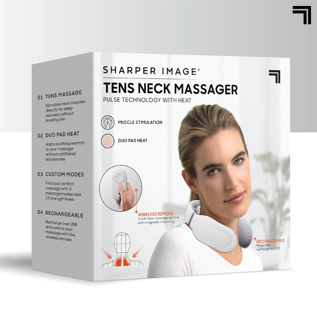 Sharper Image® Neck Tens Muscle Stimulator with Soothing Heat & Wireless Remote, Pain Relief Therapy With 3 Massage Modes & 15 Intensity Levels, USB Rechargeable, 4 Hour Battery Life