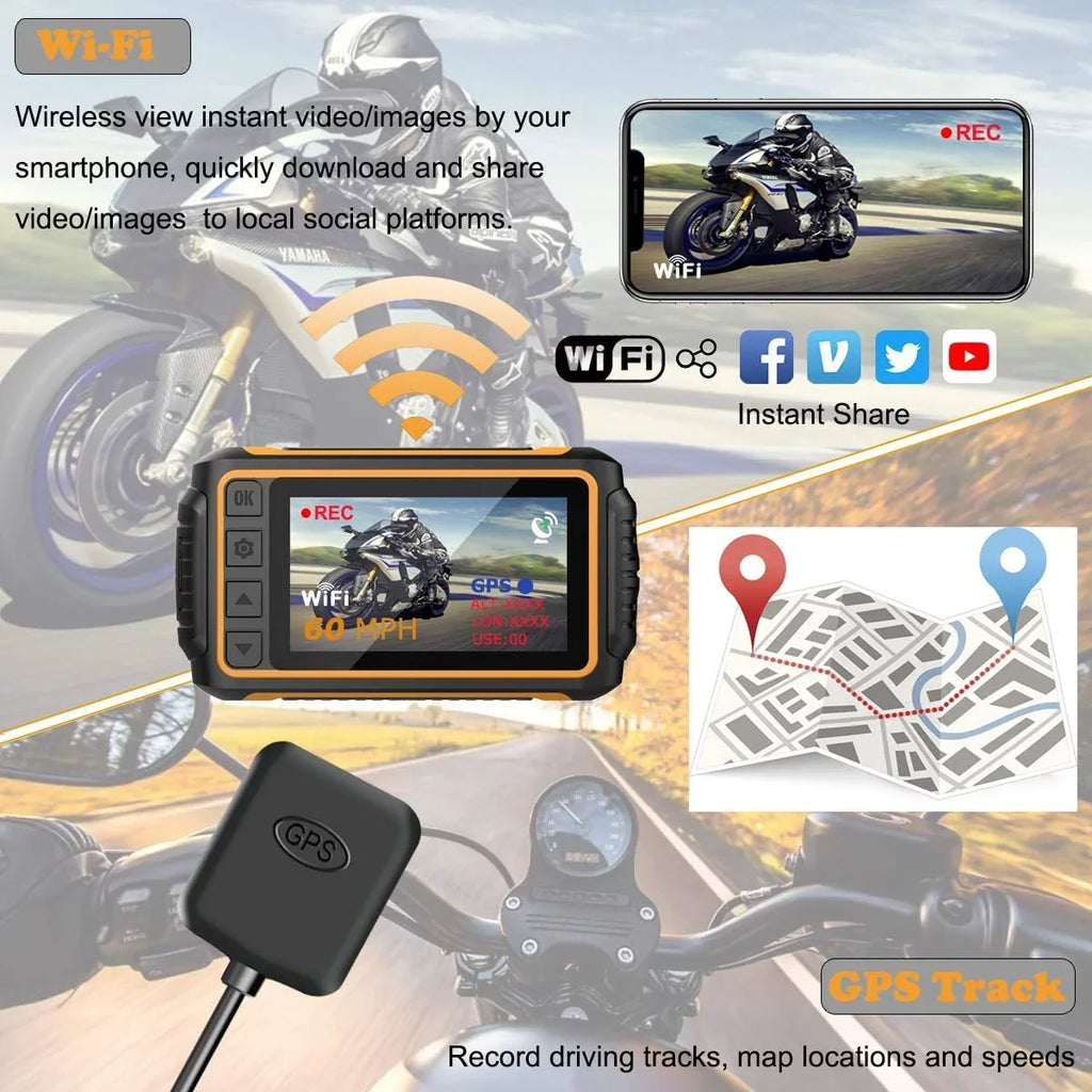 ZOMFOM Dash Cam Waterproof Recording Camera for Motorcycle, 3'' LCD Front and Rear FHD 1080P Waterproof Lens Wide Angle 150° with Wi-Fi, GPS, Wired Control, EIS and G-Sensor, Max up to 256GB