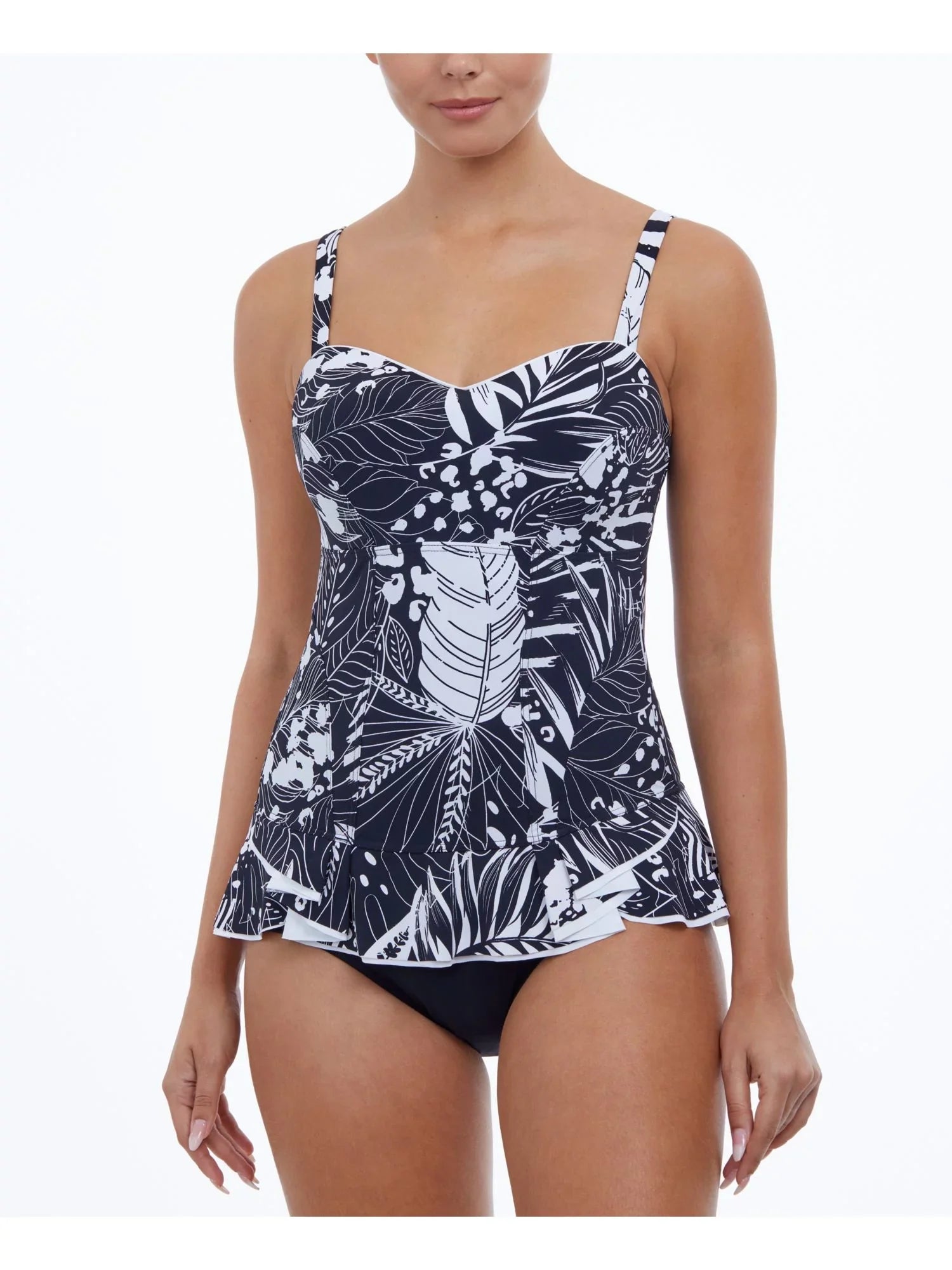 PROFILE by GOTTEX Women's Black Tropical Print Stretch Tummy Control Ruffled Fixed Cups Sweetheart Neck Adjustable Marbella Swimdress 8