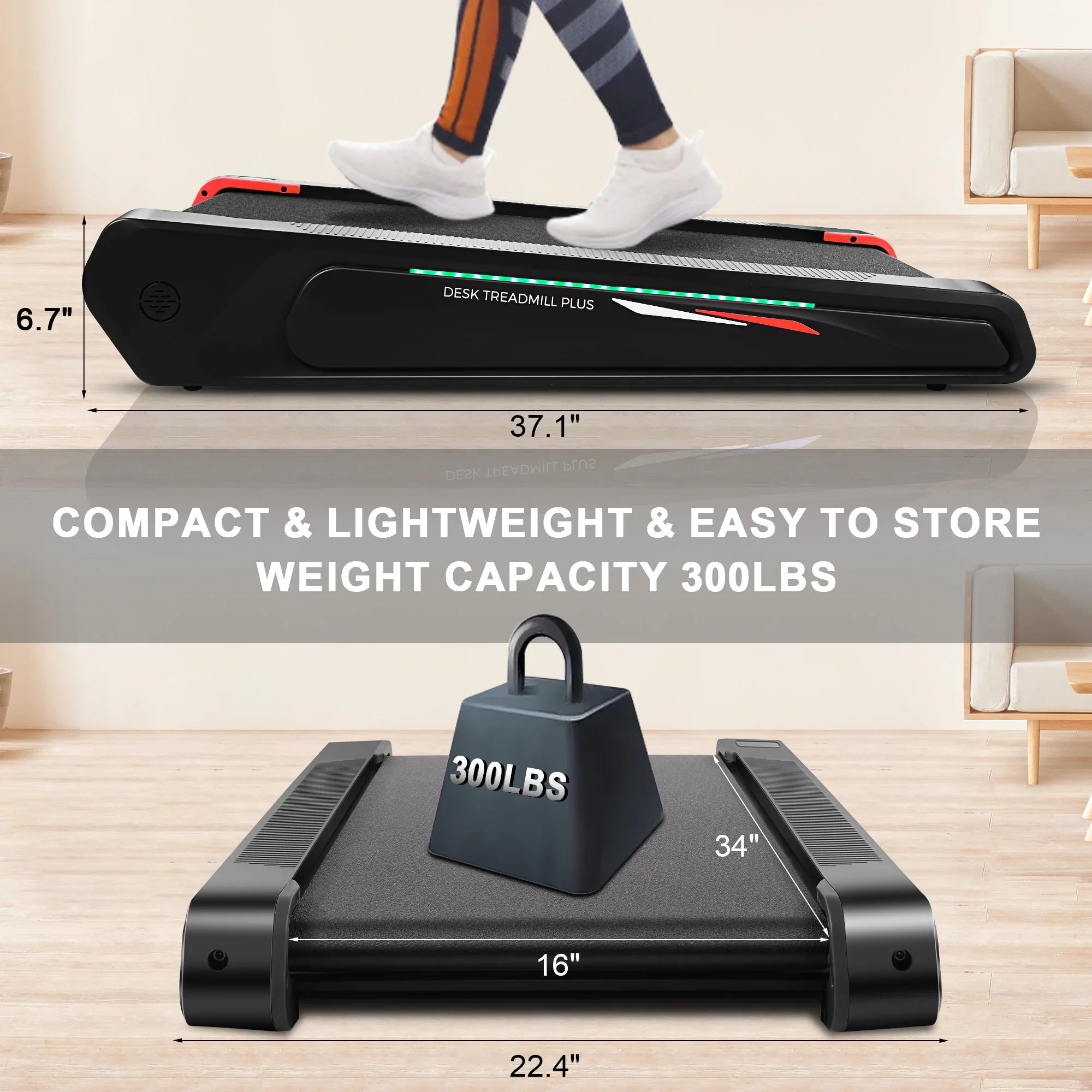 Tikmboex Walking Pad Treadmill with 5% Incline, 2.5HP Under Desk Treadmil with Remote and Unique Lamp Strip Design for Walking Running, Black & Red 300 Lbs Capacity