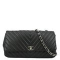Pre-Owned CHANEL Surpique Chevron Medium Lambskin Leather Flap Crossbody Bag Black