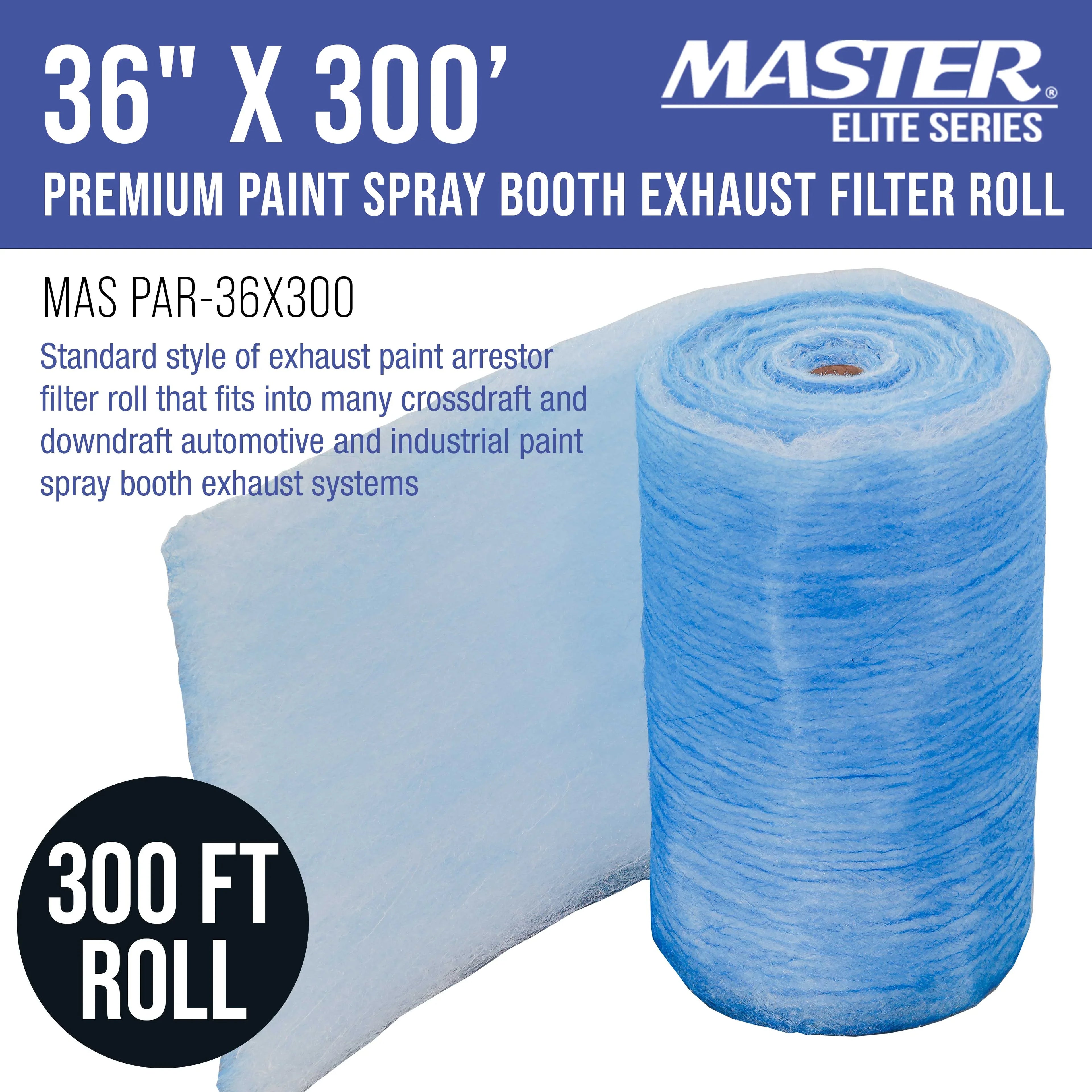 Master Elite Premium Paint Spray Booth Exhaust Filter Roll, 36" x 300' - 18 Gram Heavy-Duty Fiberglass Paint Arrestor - Captures Traps Overspray Paint Particles in Auto Autobody Refinish Booths