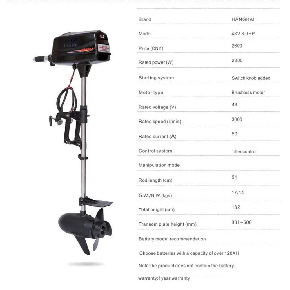 48V Electric Fishing Craft Engine 2200W Brushless Outboard Trolling Motor CE