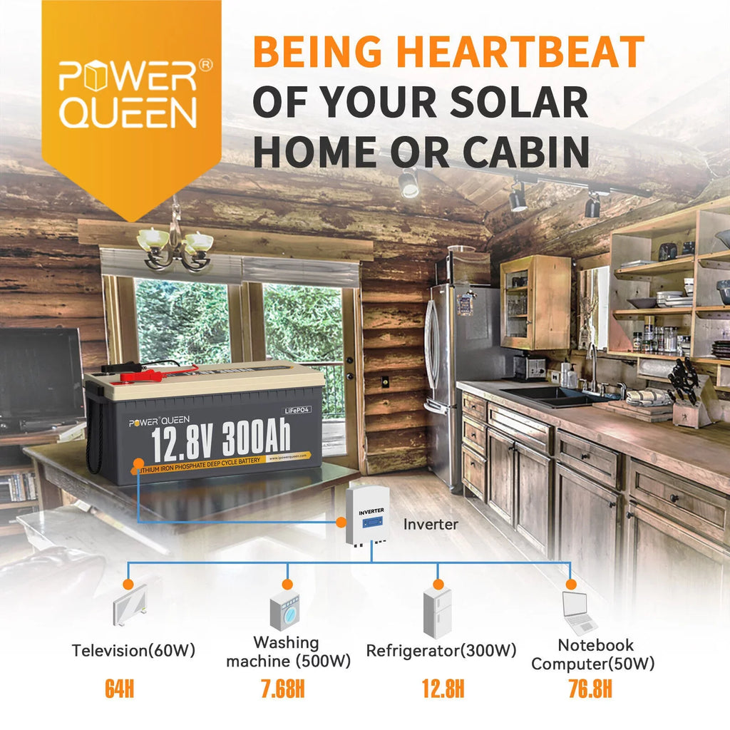 Power Queen 12V 300Ah LiFePO4 Lithium Battery Built-in 200A BMS for Solar RV Marine Off-Grid