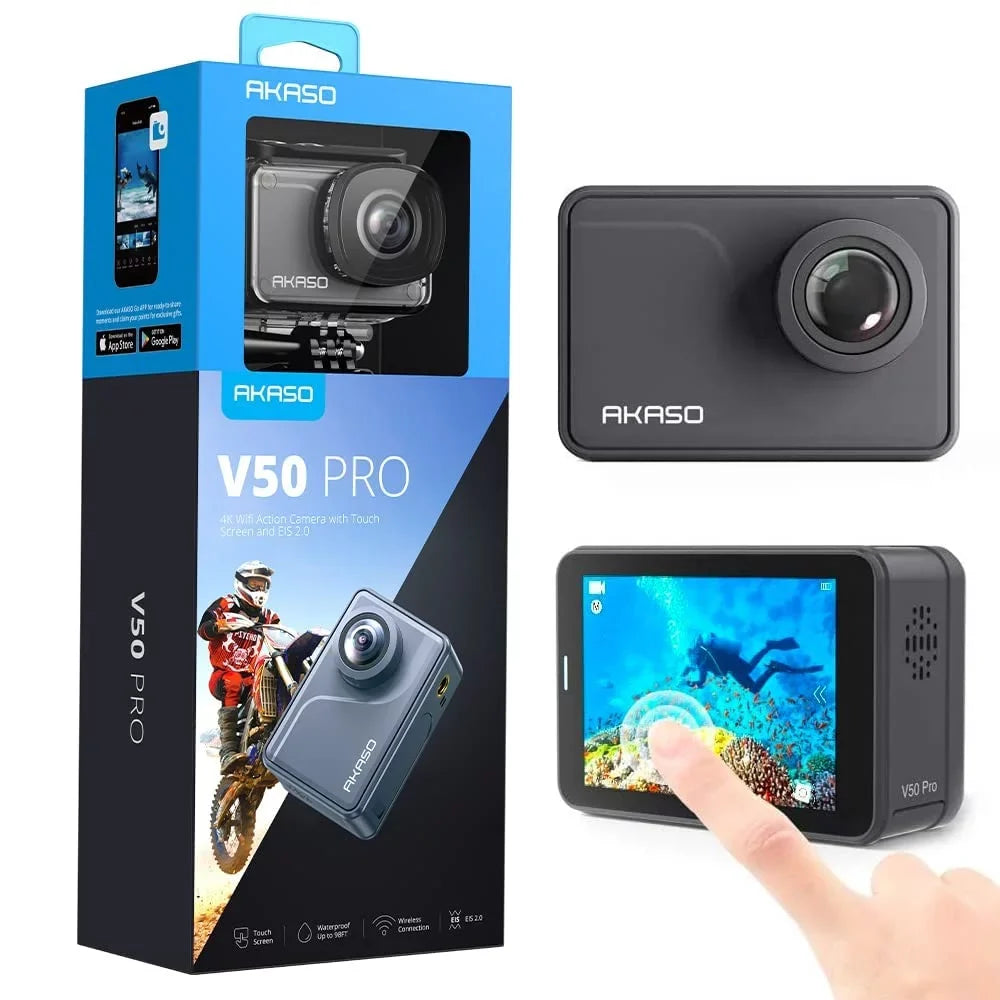 AKASO V50 Pro Action Camera 4K30fps 20MP WiFi with EIS Touch Screen 100 feet Waterproof Camera Web Camera Support External Mic Remote Control Sports Camera with Helmet Accessories Kit