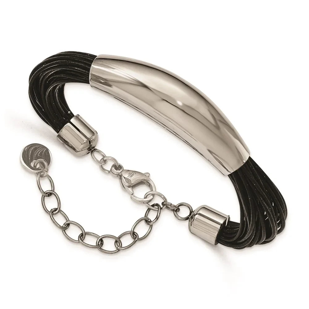 Stainless Steel Bracelet Fancy Women's mm 7.5 in Polished Faux Leather Cords 2.5in ext.