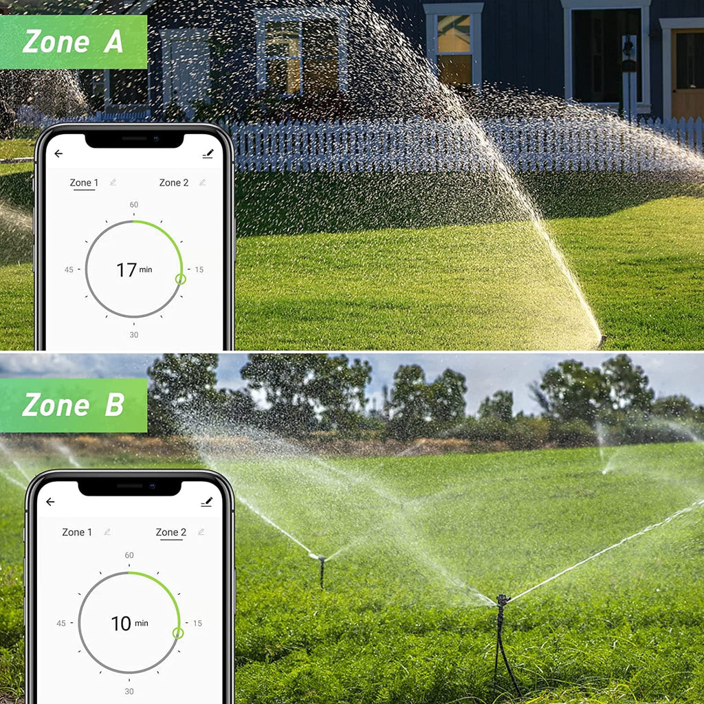 RAINPOINT WiFi Sprinkler Timer 2 Outlets Water Timer, Smart Hose Timer, 2-Zone Watering System Irrigation Valve Controller with Wi-Fi Hub Socket, Automatic Rain Delay, Voice Control, for Garden Lawn